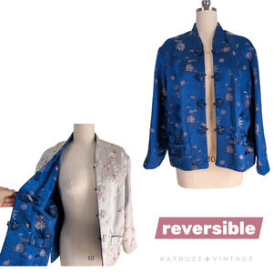 Reversible Asian Jacket XL Blue Beige Satin Floral Quilted Traditional Chinese